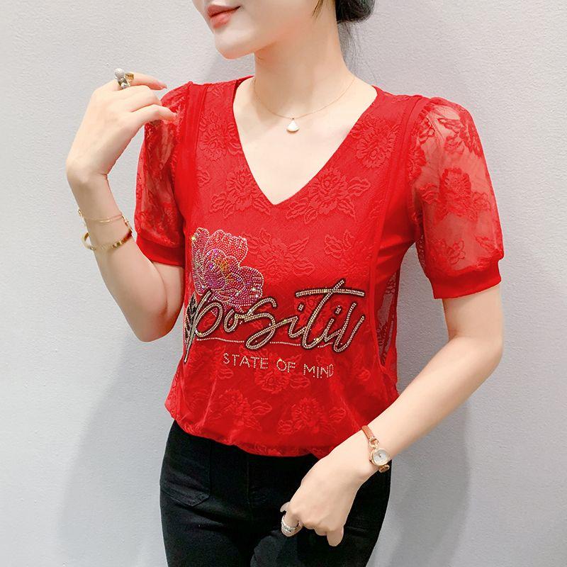 

Летняя новинка высокого класса, женская модная футболка с надписью, горячими стразами и кружевом, повседневные топы, сексуальные футболки с коротким рукавом, роскошные футболки с цветами 3XL красный