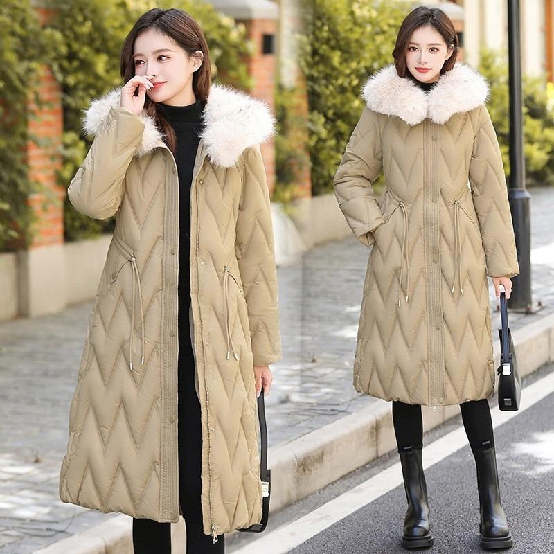 Wind coat big fur collar down cotton clothes women's long over the knee winter new waist cotton-padded coat batch