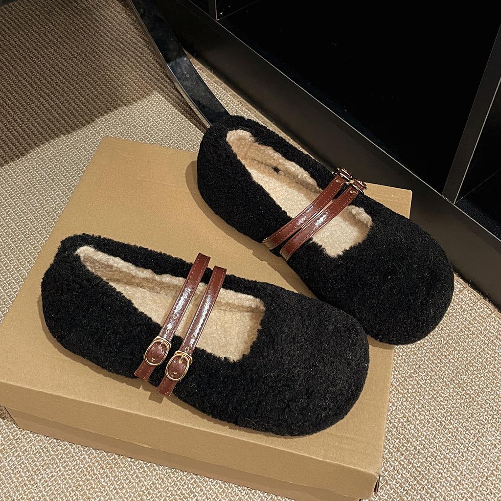 Fashion Autumn Winter Women Fur Flats Shoes Concise Comfort Street Style Soft Sole Female Dress Short Plush Mary Jane Shoes