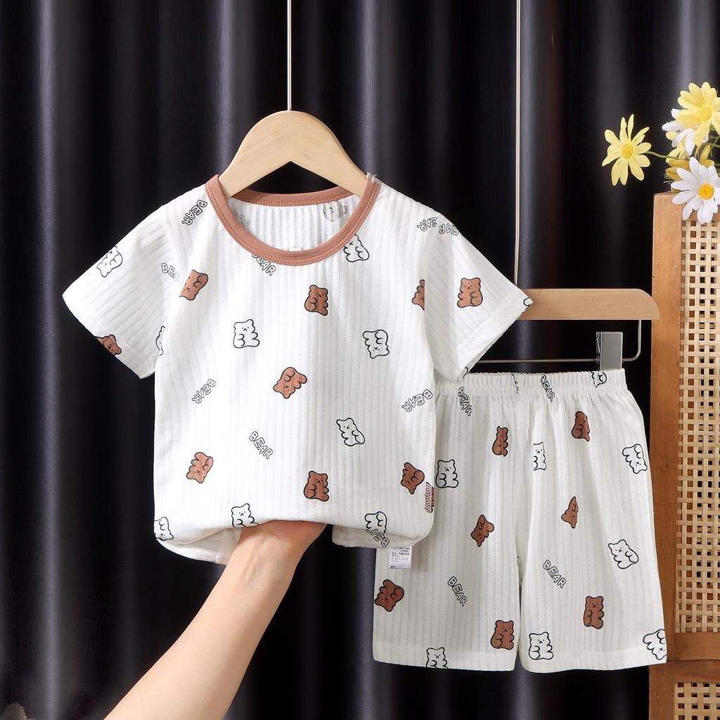 Kids' Summer Jacquard Pajama Set: Short-Sleeved Shirt and Shorts for Boys and Girls
