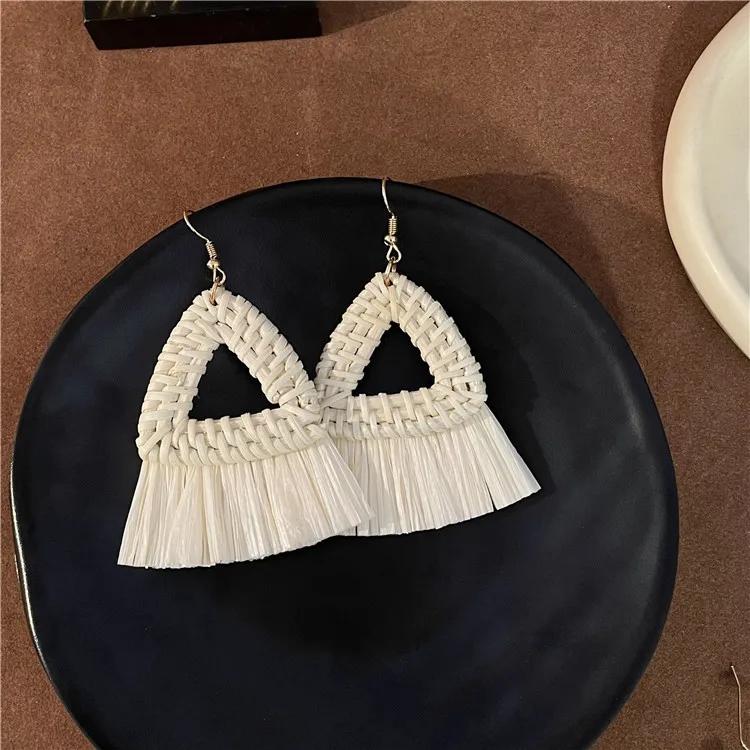 Geometryczne kolczyki z rattanu Para ręcznie plecionych bohemicznych kolczyków koła z rattanu plecionka słomiana dla dziewcząt i pań koreańskie