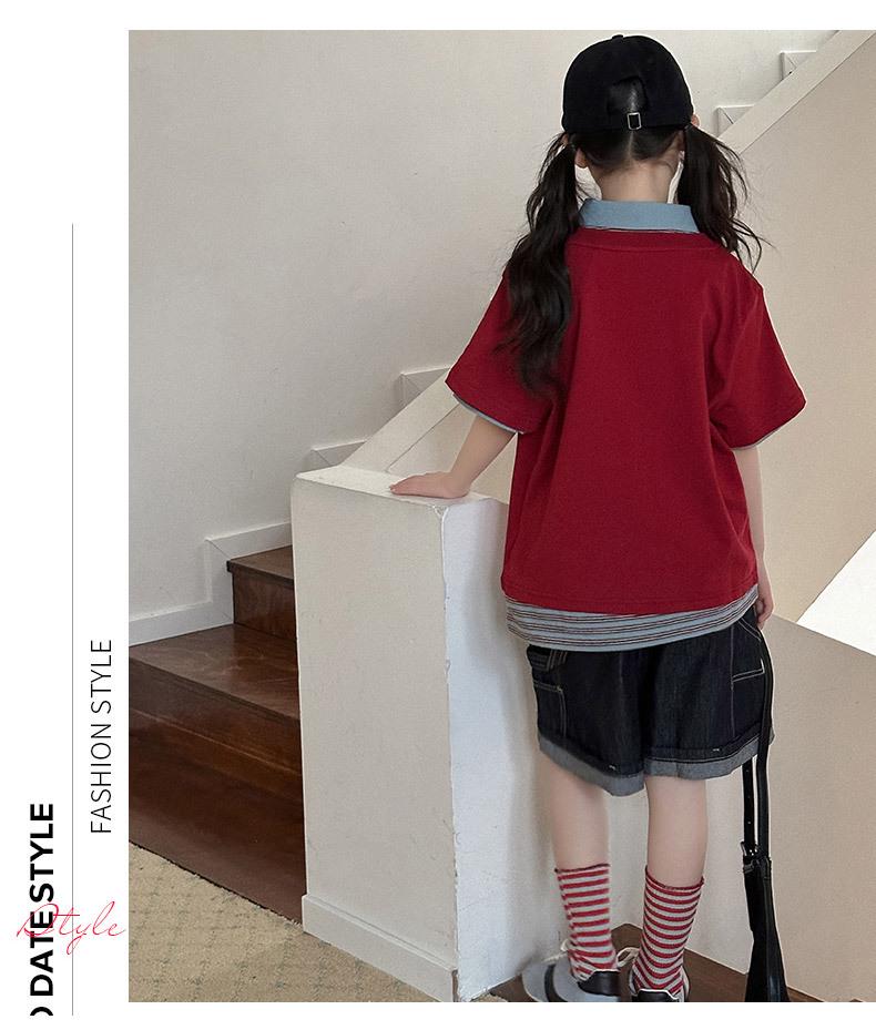 Koreanischer Stil Kurzarm-Polo & Jeansshorts Set für Mädchen - Trendige mittellange Campus-Mode für Kinder