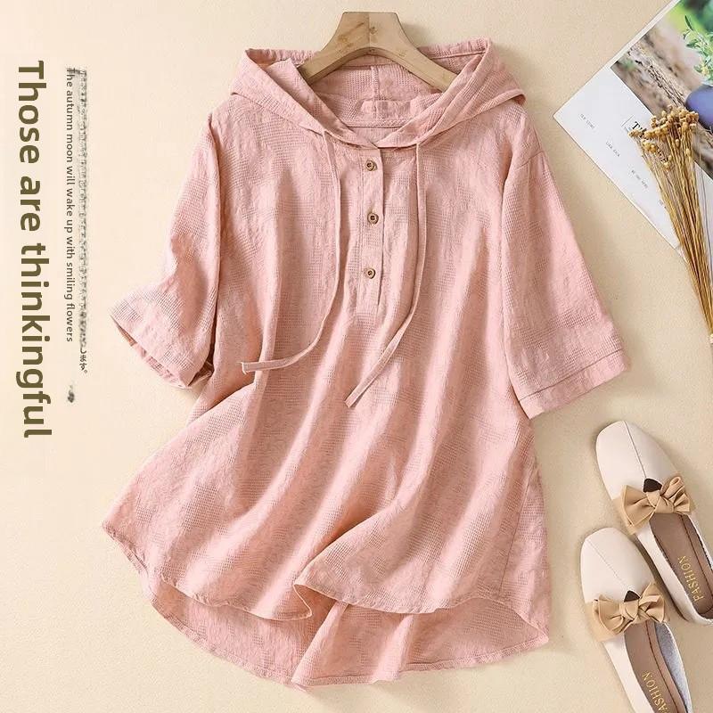 

Летний тренд 2024 года: Женская рубашка-кардиган с капюшоном из хлопка и льна с жаккардовой вышивкой в китайском стиле XXXL (80-87.5 kg) розовый