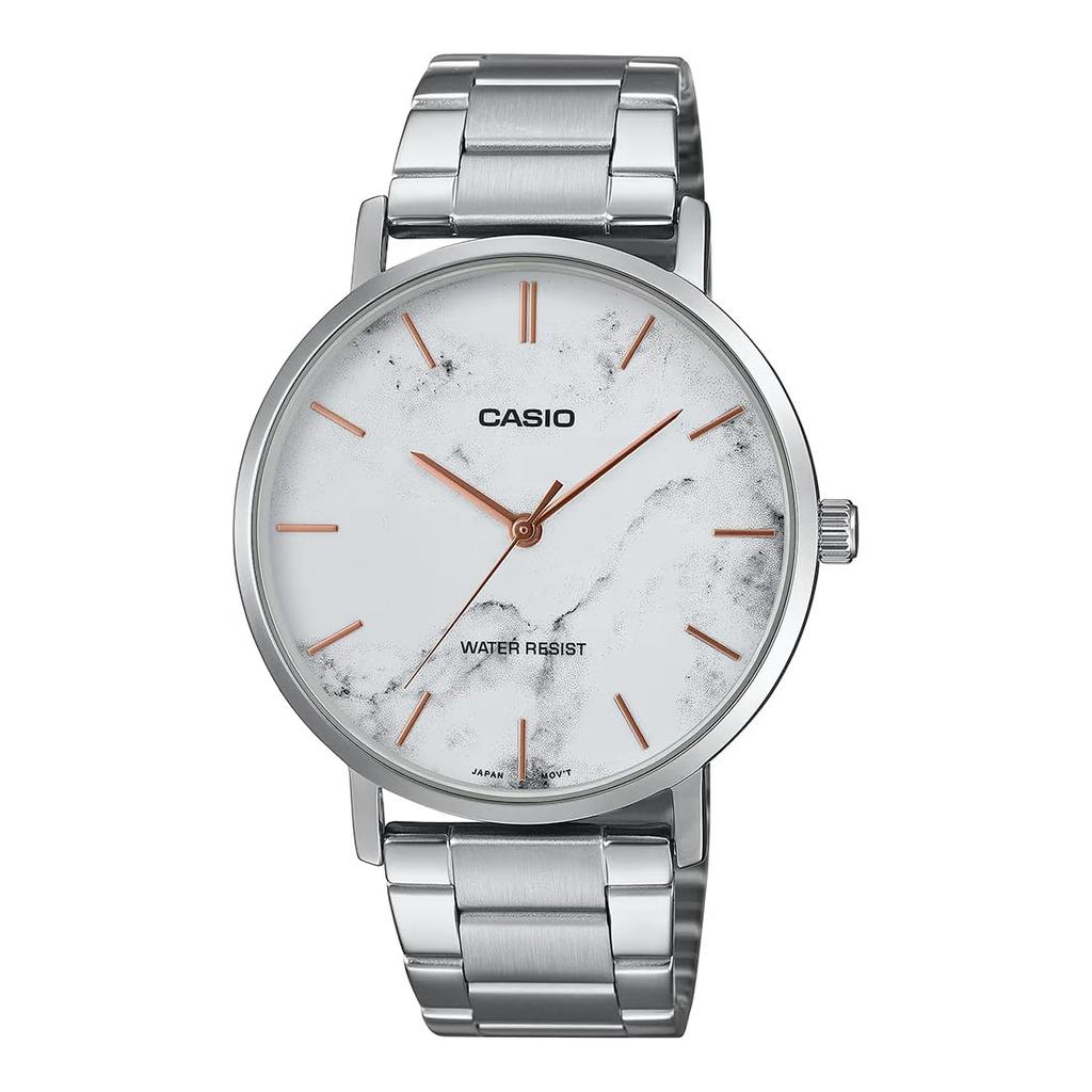 Casio Men's Analog Minimalistic White Marble Dial MTP-VT01DM-7AUDF, White, Modern