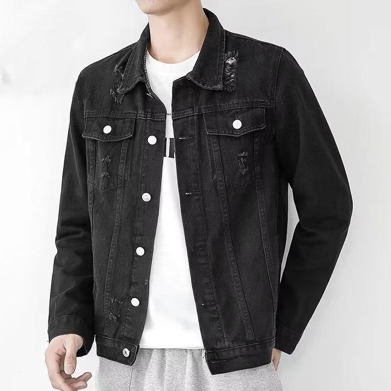 Męska Modna Czarna Kurtka Robocza z Denimu - Wiosna/Jesień Moda, Luźny Krój, Styl Koreański