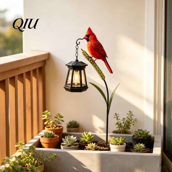 Outdoor Metal Garden Decor Solar Light, Red Bird Lantern, Stake Yard Decor, Weather Resistant Lawn Ornaments Warm Glow Lantern for Patio Porch,