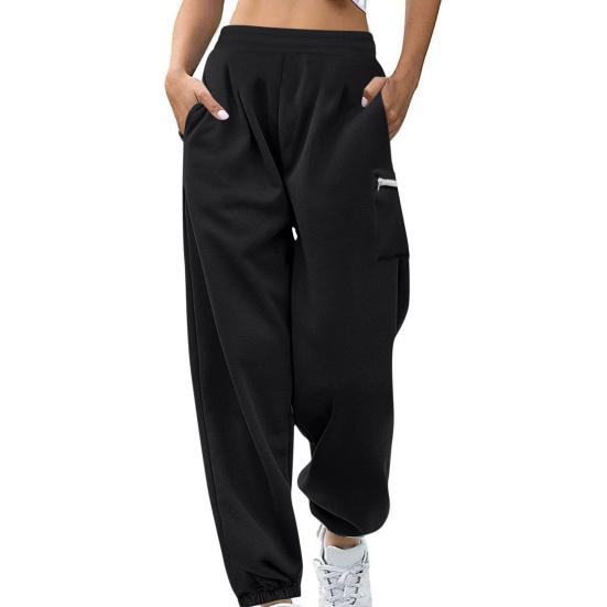 Women Sweatpants Elastic Waist Wide-Leg Casual Trousers with Pockets Solid Color Thickened Plush Lining Sport Sweatpants