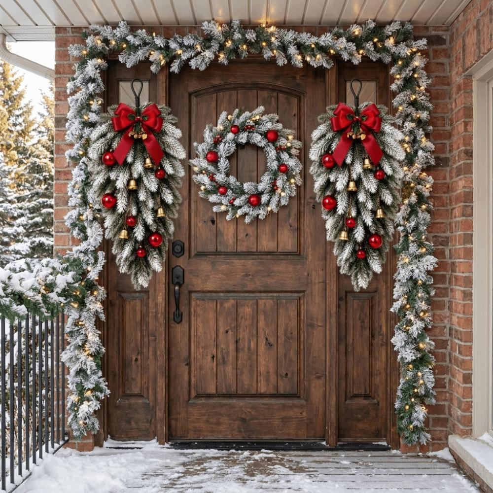 Plastic Norfolk Pine Garland Red Bow Holiday Wreath Set Luxury Set Christmas Decor Set Winter