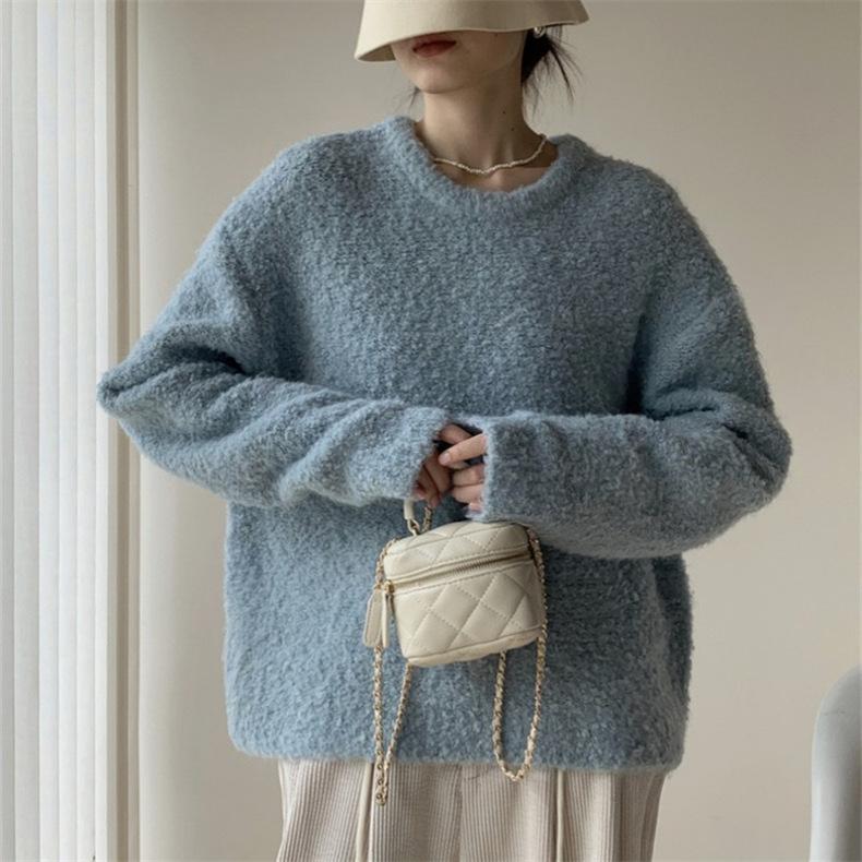 Circle Yarn Solid Color Crew Neck Pullover Sweater Women's Autumn and Winter New Loose Lazy Wind Knitted Sweater