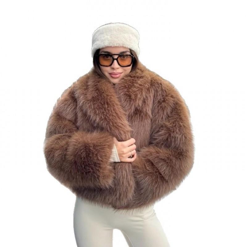 Vintage Brown Faux Fur Coat Short Warm Winter Streetwear Women