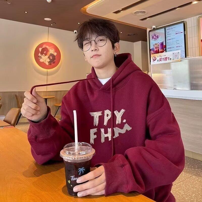 

Мужской свитер с капюшоном, повседневный свободный модный топ с буквенным принтом, универсальное пальто 5XL вино красного