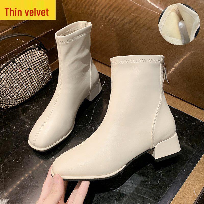 Beige Slimming Square Toe Chunky Ankle Boots with Back Zipper and Fleece Lining for Women – 2025 Autumn/Winter Collection