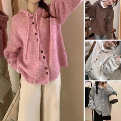Women Sweater Coat Hooded Drawstring Long Sleeve Knitting Coat Solid Color Buttons Closure