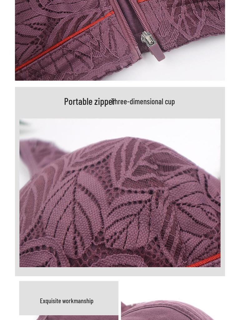 Plus Size Lace Front Zipper Wirefree Bra – Soft Cotton Cup for Middle-Aged & Elderly Women