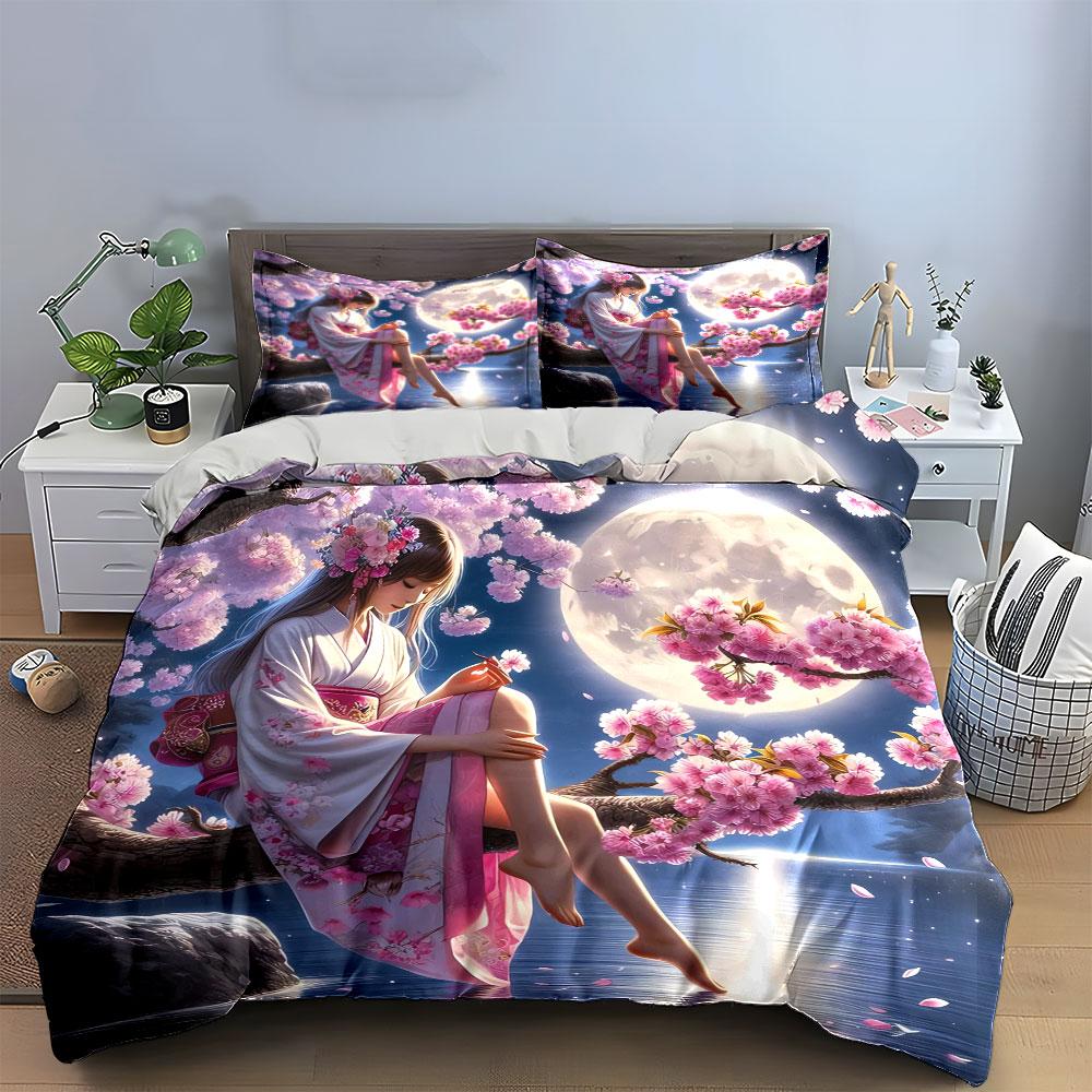 "Cherry Blossom Moonlit Decor Set" Bedding Set with 1 Duvet Cover 2 Pillowcases Single Double King Queen, Gift