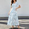 Women's Short Sleeve Maxi Dress Floral Print V Neck Chiffon Long Dress Casual Lightweight Summer Dress for Daily Wear