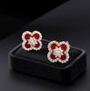 Hui Zhi Yi S925 Silver Four-Leaf Clover Stud Earrings with Red Agate Color - Light Luxury Fashion Style
