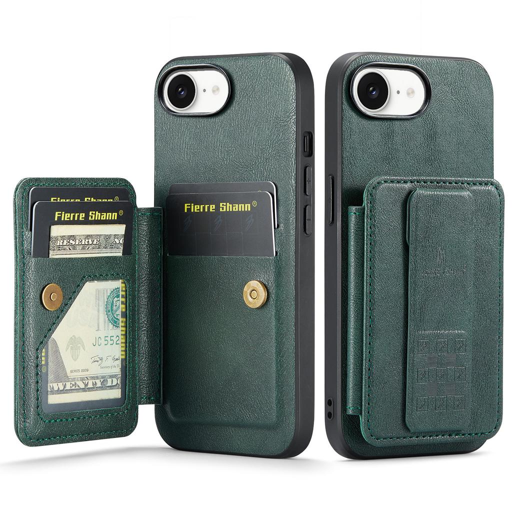 FIERRE SHANN 024 For iPhone 16e Case Card Holder Kickstand Waxy Texture Leather+TPU Phone Cover