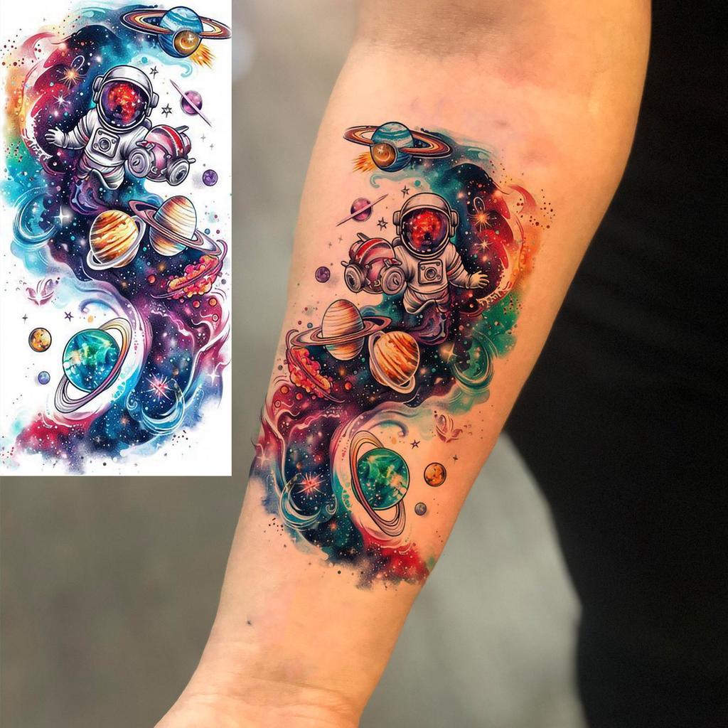 1 Sheet 3D Watercolor Universe Planets Temporary Tattoos For Men Women Long Lasting Waterproof Fake Tattoo Sticker Body Arm Art