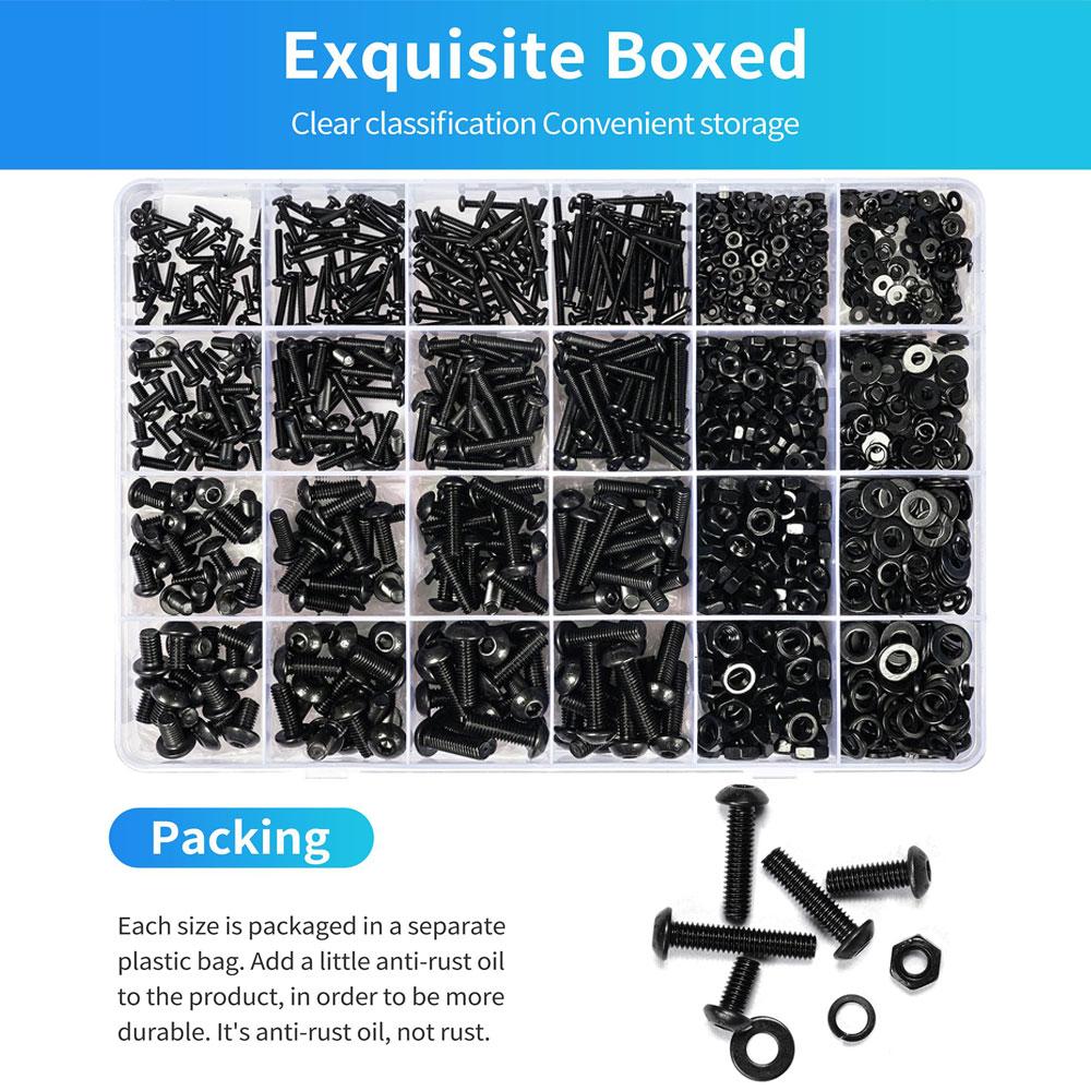 1800PCS Metric Screw & Bolt Kit: M2 M3 M4 M5 Hex Socket Button Head Screws, Lock & Flat Washers, Nuts, 10.9 Alloy Steel, Black