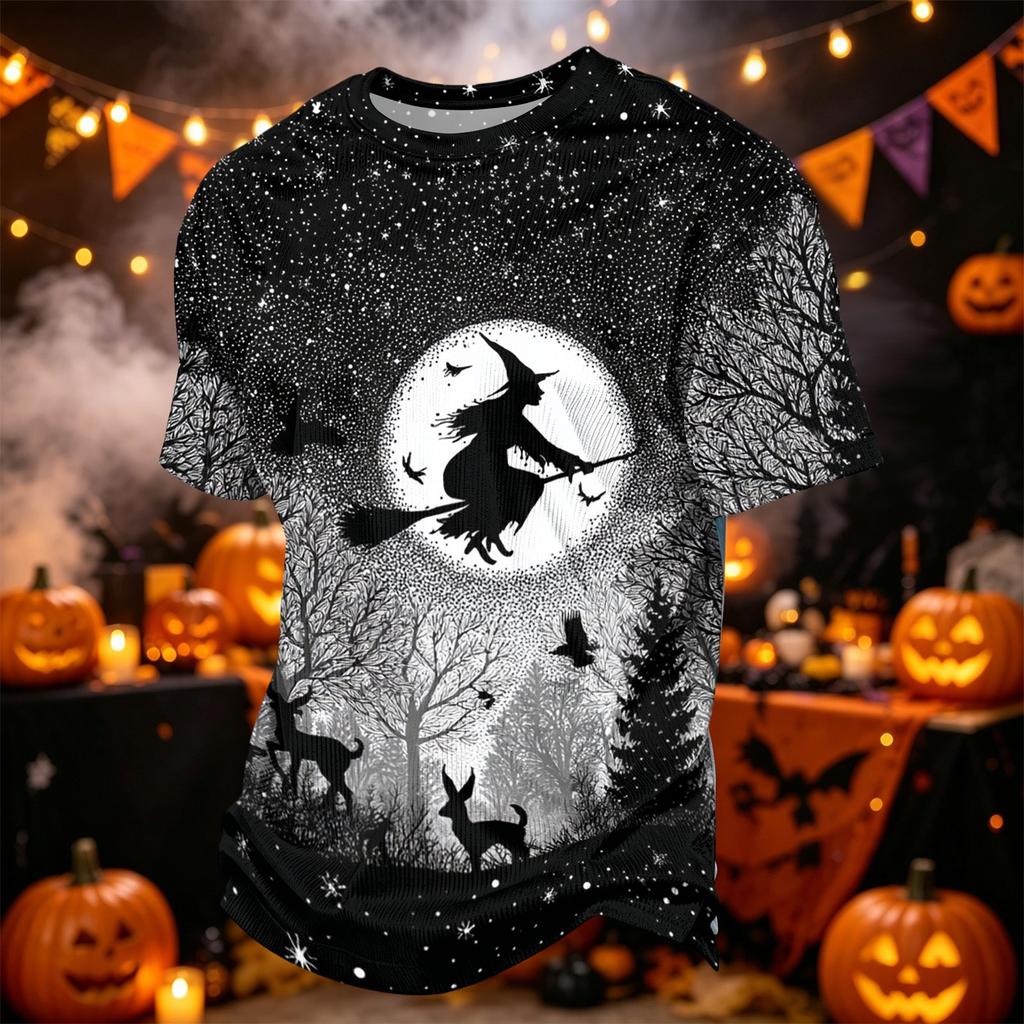 Men's Casual Corduroy Short Sleeve Lightweight Breathable Round Neck Shirt Halloween Print Design Suitable for Everyday Wear