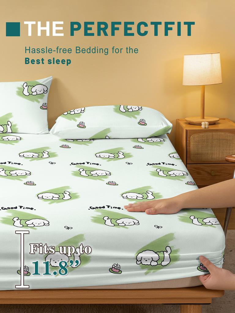 1 Cartoon Cute Animal Dog Printed Matte Fitted Sheet, Bedroom Printed Bed Cover, Bedding (Excluding Pillowcases)
