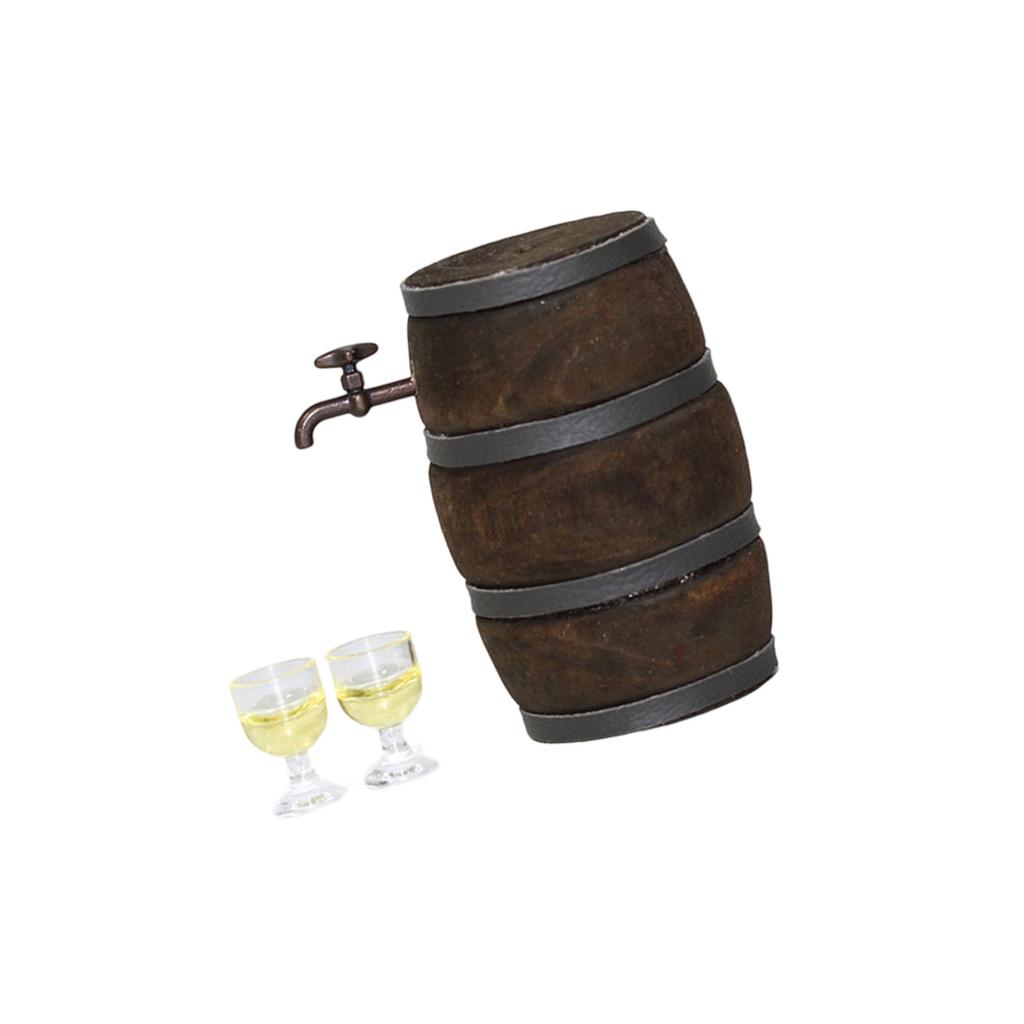 1/12 Scale Miniature Wooden Wine Barrel with Wine Glasses Dollhouse Accessory For Realistic Display And Collectible