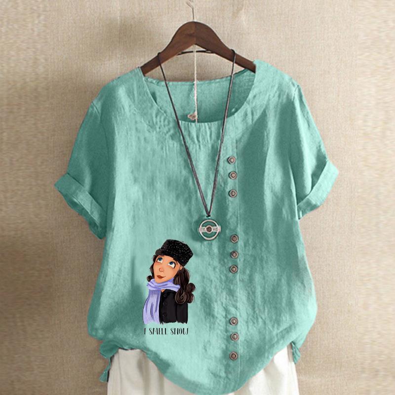 Damen Neue Mode Leinenhemd Rundhalsausschnitt Kurzer Ärmel Schal Mädchen Bedrucktes T-Shirt Sommer Damen Freizeit Große Größen Blusen Oberteile
