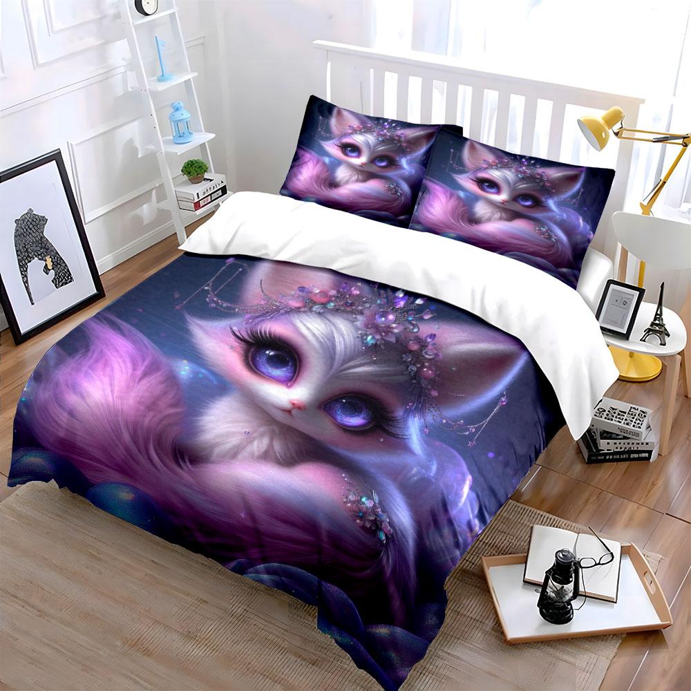 Cute Pink Plush Fox Duvet Cover Set With 3D Printing Design Soft Polyester Bedding Set All-Season Comfort Machine Washable