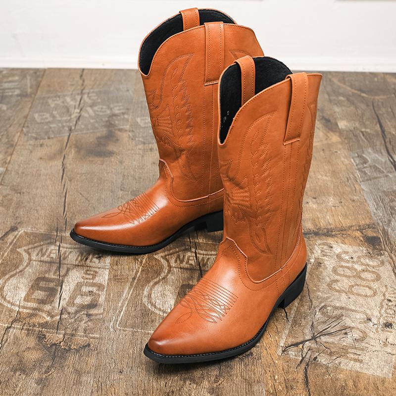 New Men's pointed Toe Low heel sole Embroidered Western Cowboy Boots