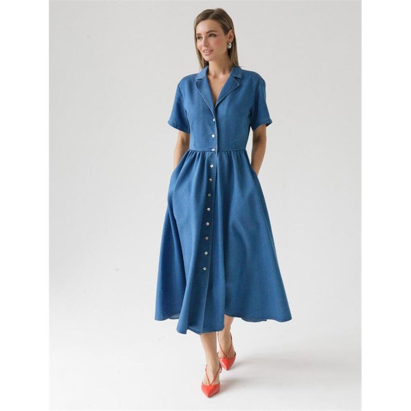 

Foreign Trade Pure Yuan Single Russian Tencel Summer New Women Woven Waist Hugging Slimming Denim Short sleeve Dress Dark blue 42/XS