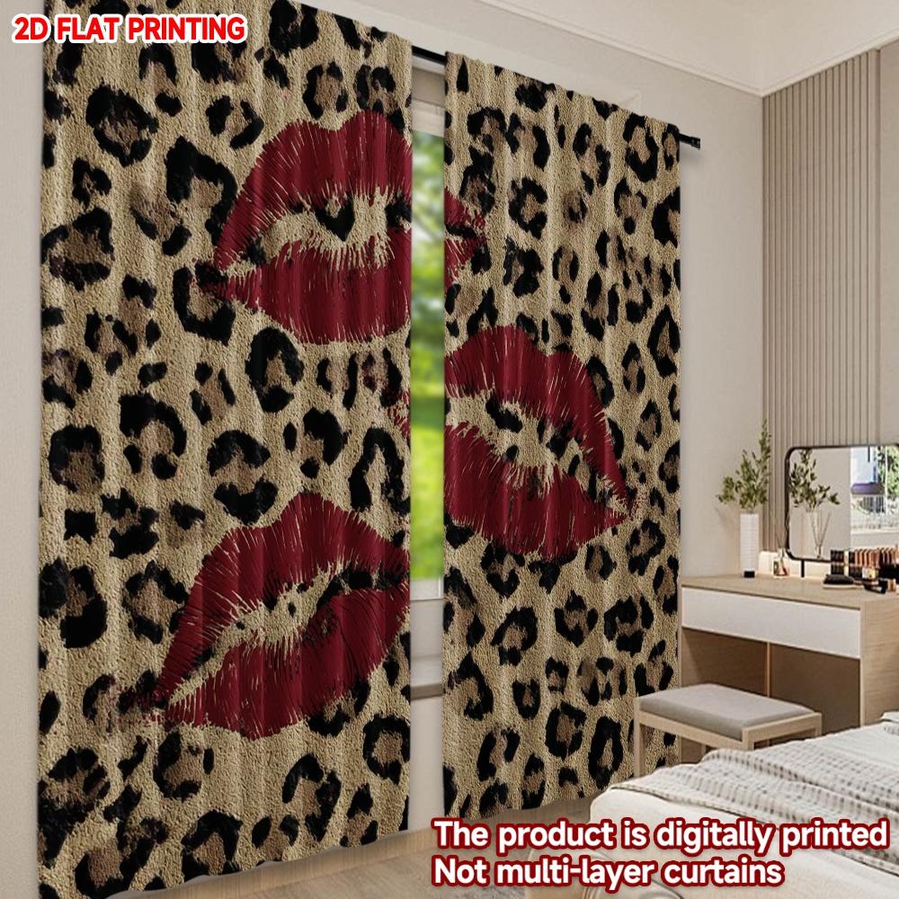 Set Of 2 Modern Leopard Lips Curtains Digital Printing Bold Animal Print Red Yellow Brown Background Living Room Curtain Polyester Ideal For Area