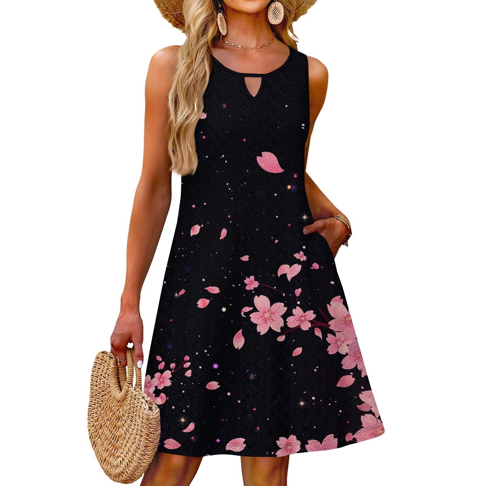 

Ladies Fashion Casual Summer Floral Print Dress With Pocket Beach Holiday Vest Dress XL киноварь