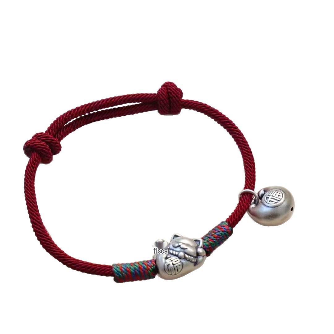 Handwoven Sterling Silver Lucky Cat Red String Bracelet - Unisex Pure Silver Jewelry красный
