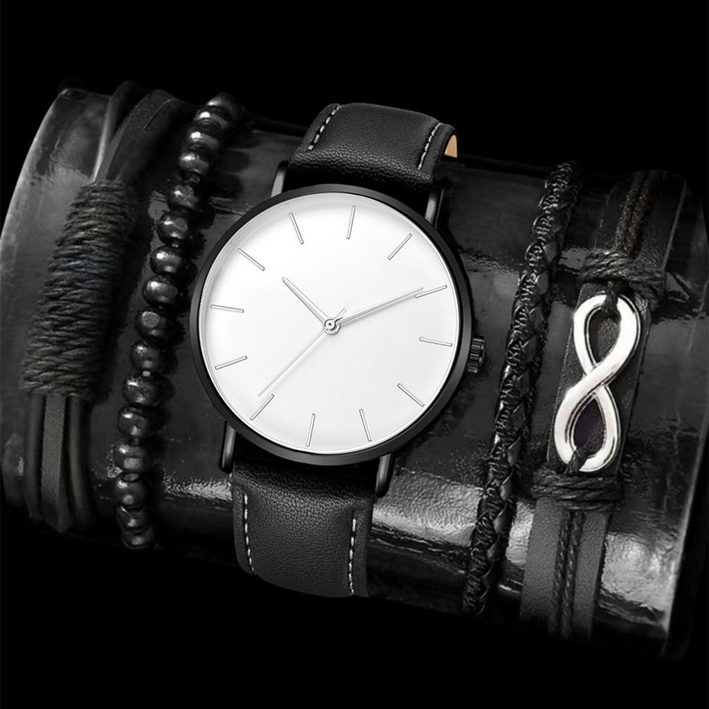 Men'S Casual Fashion Mesh Strap Simple Watch + Bracelet 4-Piece Men'S Watch Quartz Watch