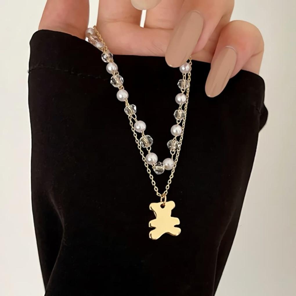 

Women s Daily Bear Pendant Layered Bead Necklace