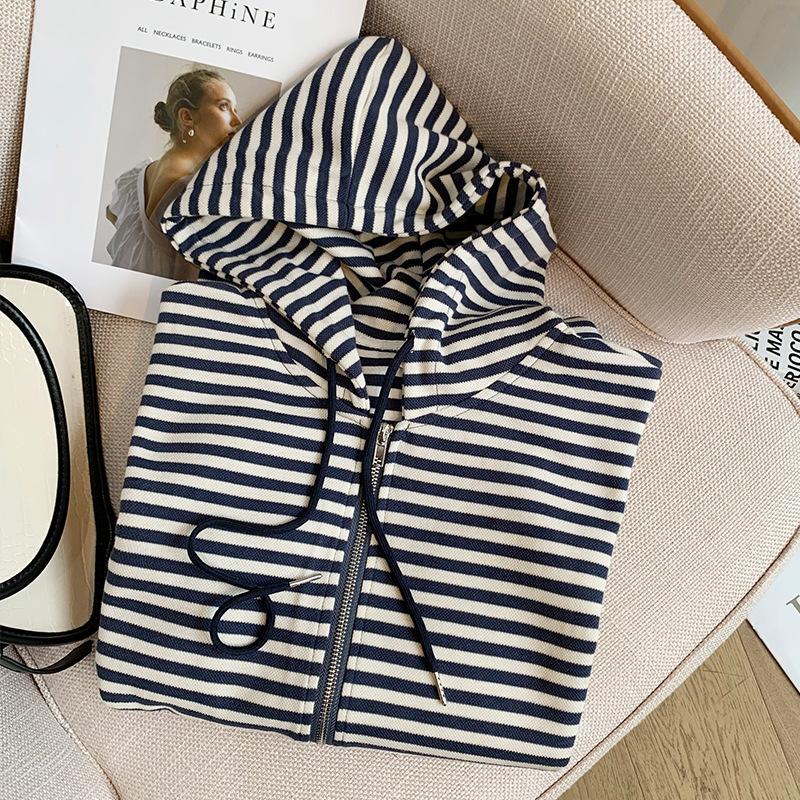 New Autumn and Winter Striped Hooded Sweatshirt for Women, Loose, Long, Lazy, Niche, Versatile Zipper Cardigan Top