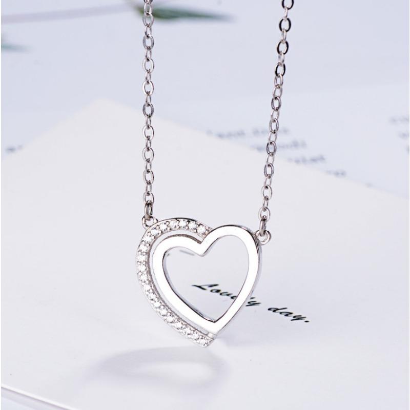 S925 Sterling Silver Double Heart Necklace Women's Fashionable Simple Temperament Heart-to-Heart Printed Clavicle Necklace