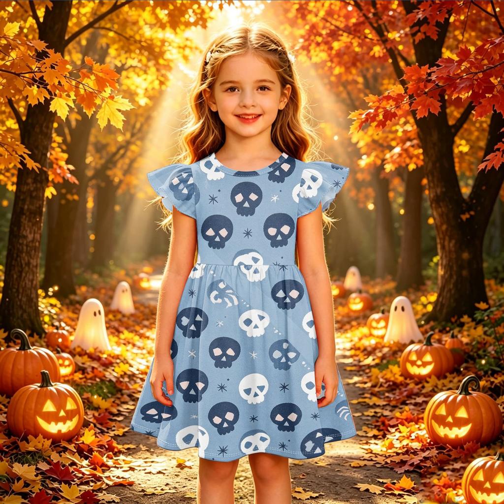 Kids Casual Halloween Printed Sleeve Dress for Party and Holiday