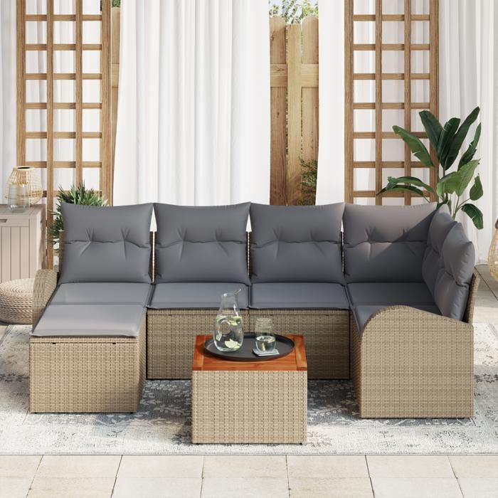 Ensemble de canapé de jardin de 7 pièces avec coussins Beige Poly Rattan Acacia, Canapé de jardin 2 places avec rangement 3356271