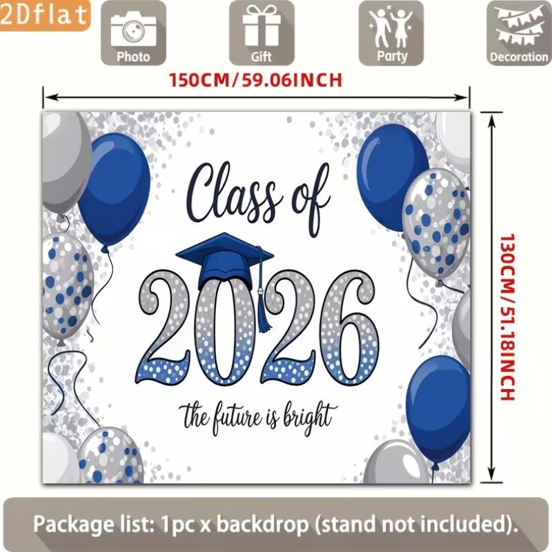 2D Class of 2026 Blue Silver Graduation Photo Booth Background Cloth