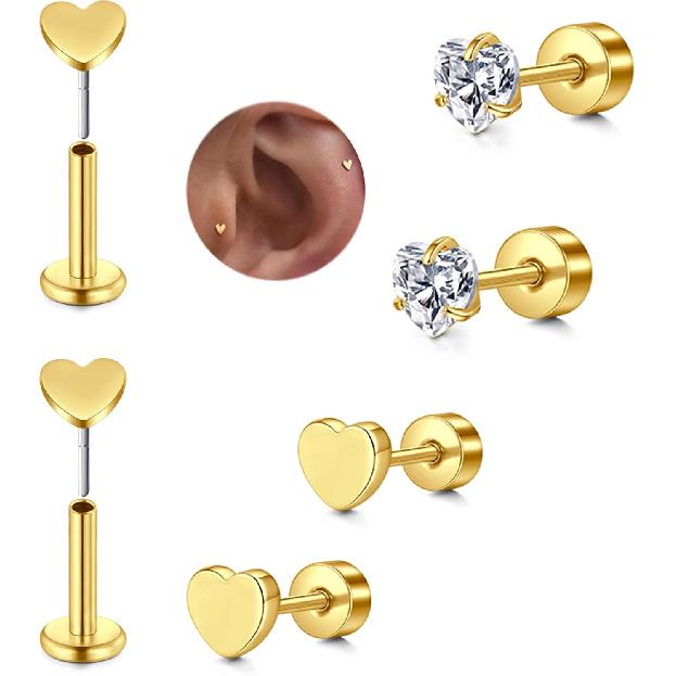 Silver Gold Cartilage Earring for Women Hypoallergenic Flat Back Earrings Threadless Helix Earring Tragus Studs 6mm Cartilage Jewelry Flatback