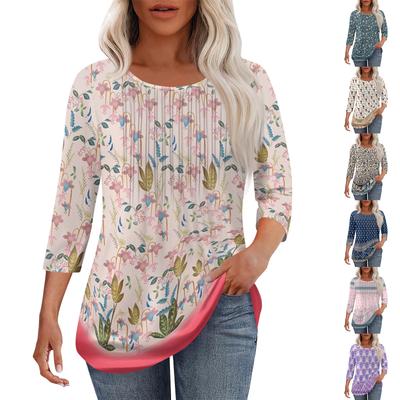 Tricou de damă la modă casual plisat cu gât rotund, casual, cu imprimeu floral, cu mâneci trei sferturi