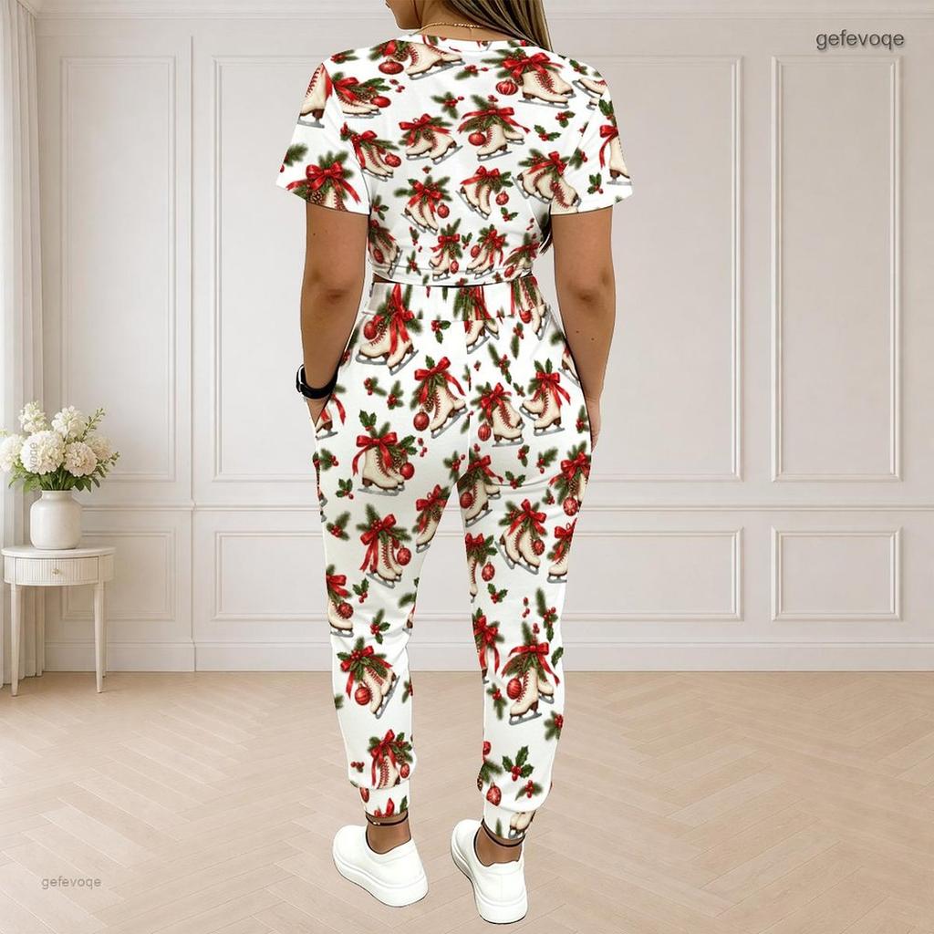 Women Plus Size Two Piece Set Round Neck Short Sleeve Ghost Printed White Crop Top Drawstring Cuffed Pants