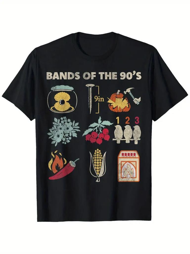 90s Rock Band Graphic with Bold BANDS OF THE 90s Nostalgic Icons design100 cotton Oneck printed mens Tshirt
