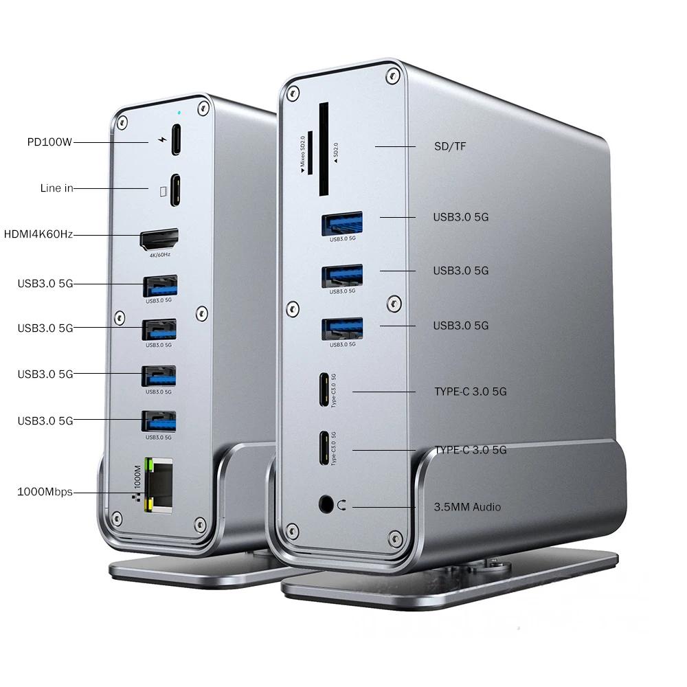 15-в-1 Док-станция-хаб Type-C 4K@60Hz HDMI DisplayPort USB A RJ45 SD TF Аудио 3.5мм Порт Адаптер для Macbook Pro Ноутбука ПК