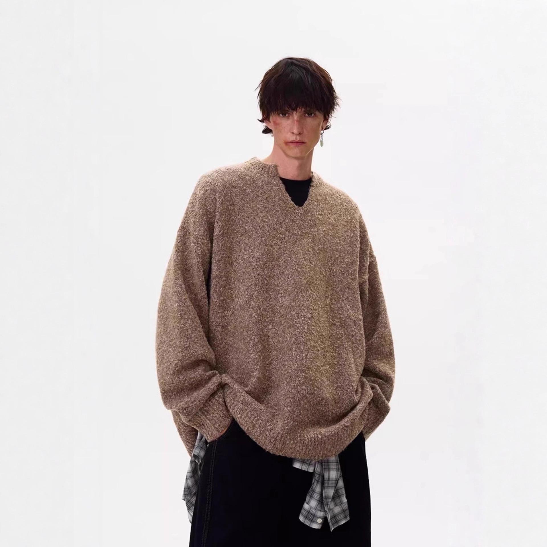 Men s Retro V-Neck Drop Shoulder Wool Sweater XL
