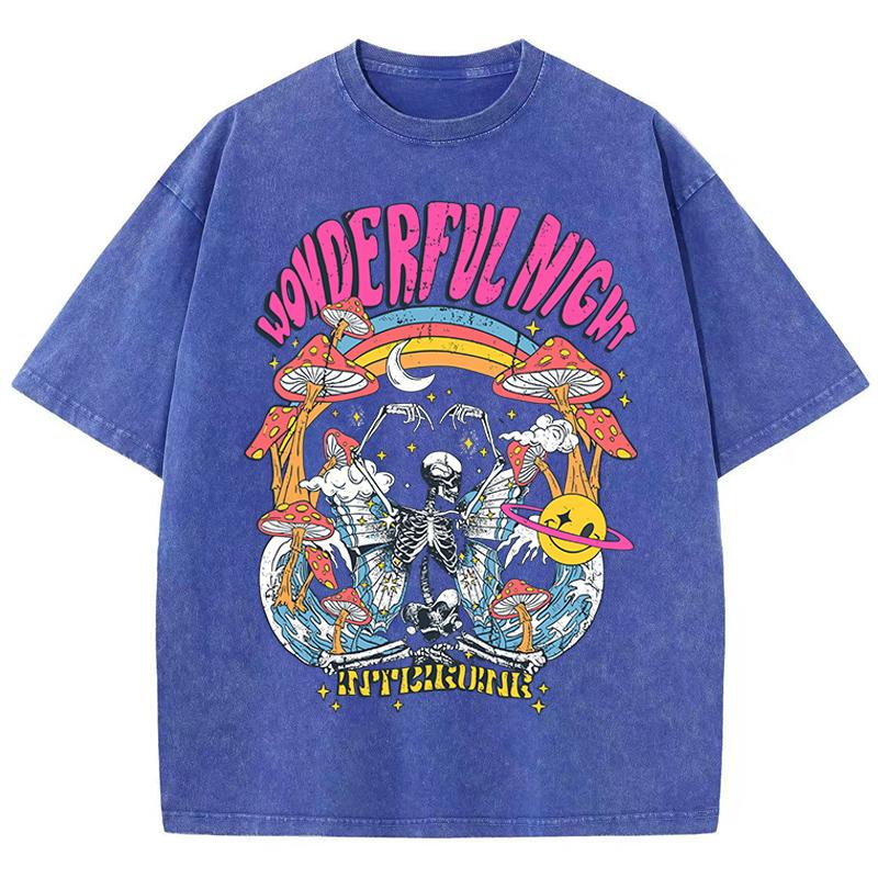 

Женская повседневная хлопковая выстиранная футболка Замечательная ночь Скелет Бабочка Волна Принт Топы Оверсайз Уличная женская одежда 3XL