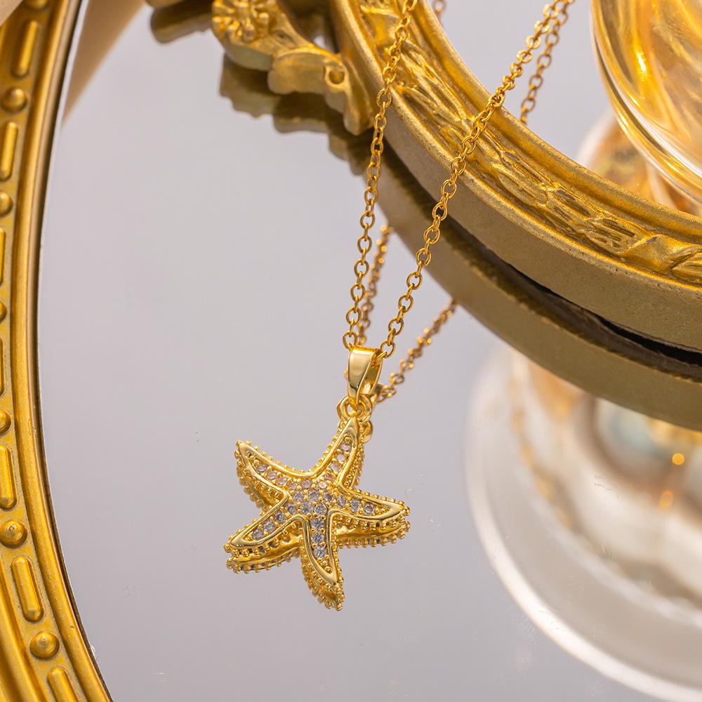Damen Mädchen Mode Meerestiere Halskette Edelstahl Kette Glänzend Zirkon Seestern Muschel Oktopus Schmuck Zubehör Geschenke