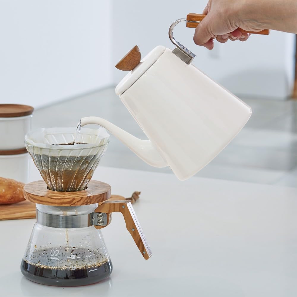 Hario Bona Enamel Drip Kettle, a Simple-style Drip Kettle Made of Enamel and Natural Wood. Gift Wrapping Available. Model Number: BDK-80-W